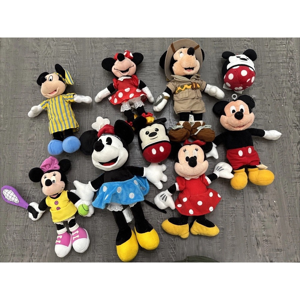 Vintage Disney Lot of 9 Stuffed Plush Various Sizes Mickey Mouse Minnie Bow